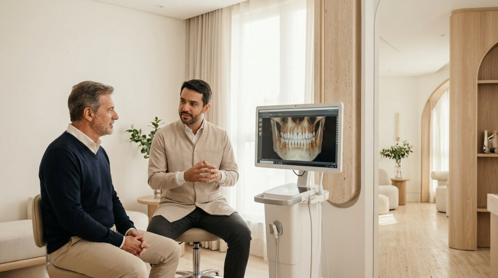 dentista conversando com paciente homem