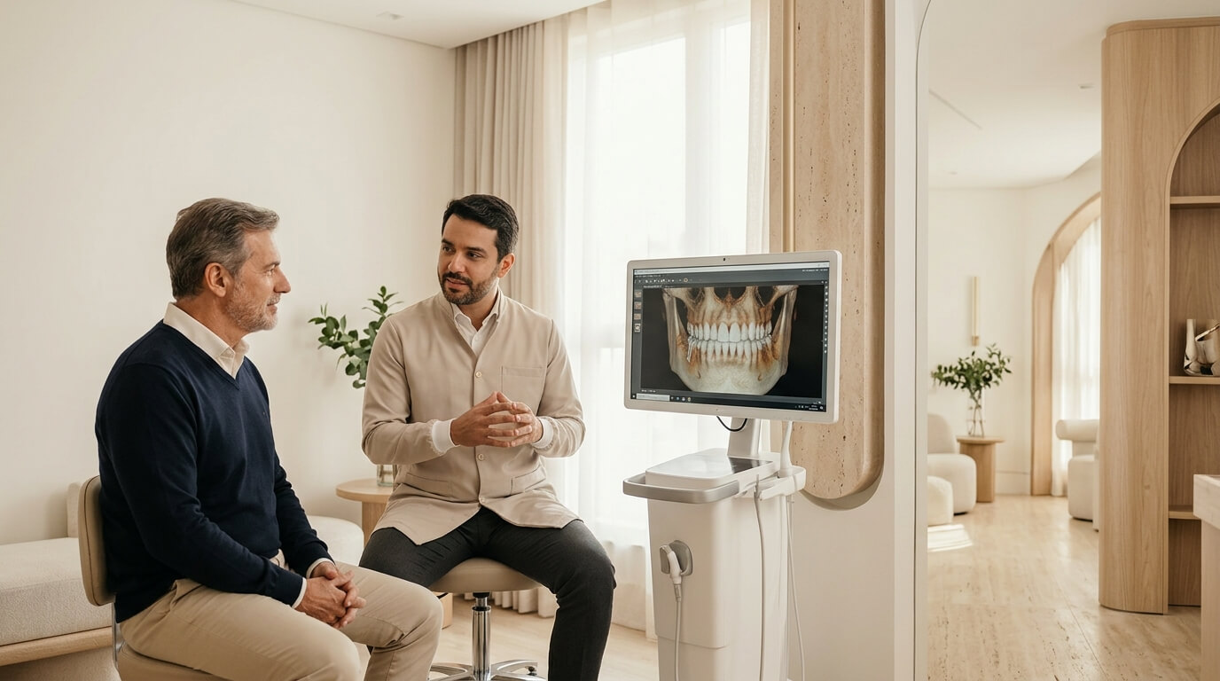 dentista conversando com paciente homem